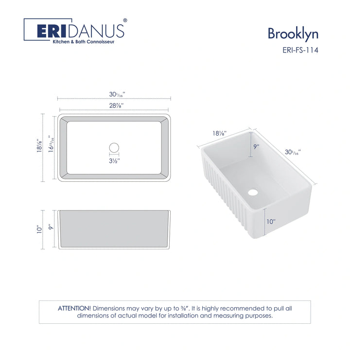 30-inch white fluted apron fireclay farmhouse sink with multi-view technical dimension drawings