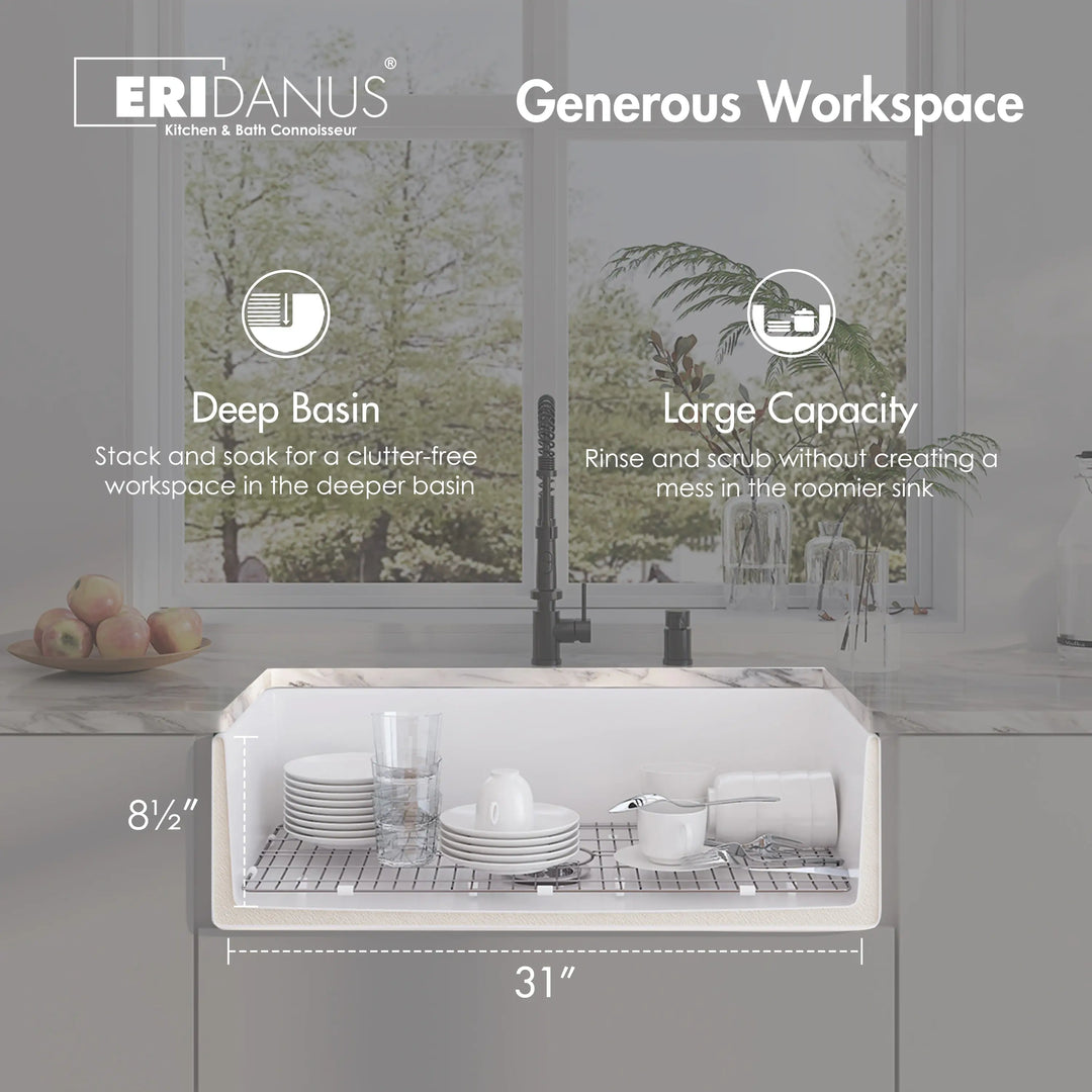 White fireclay deep single bowl farmhouse sink with large capacity, dimension labels and feature icons
