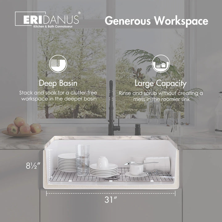 White fireclay deep single bowl farmhouse sink with large capacity, dimension labels and feature icons