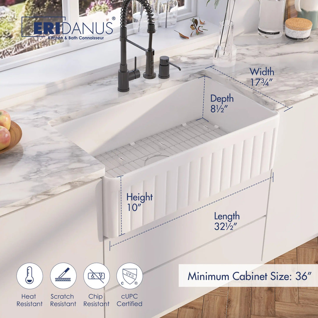 White fireclay fluted single bowl farmhouse sink with dimension labels and functional feature icons