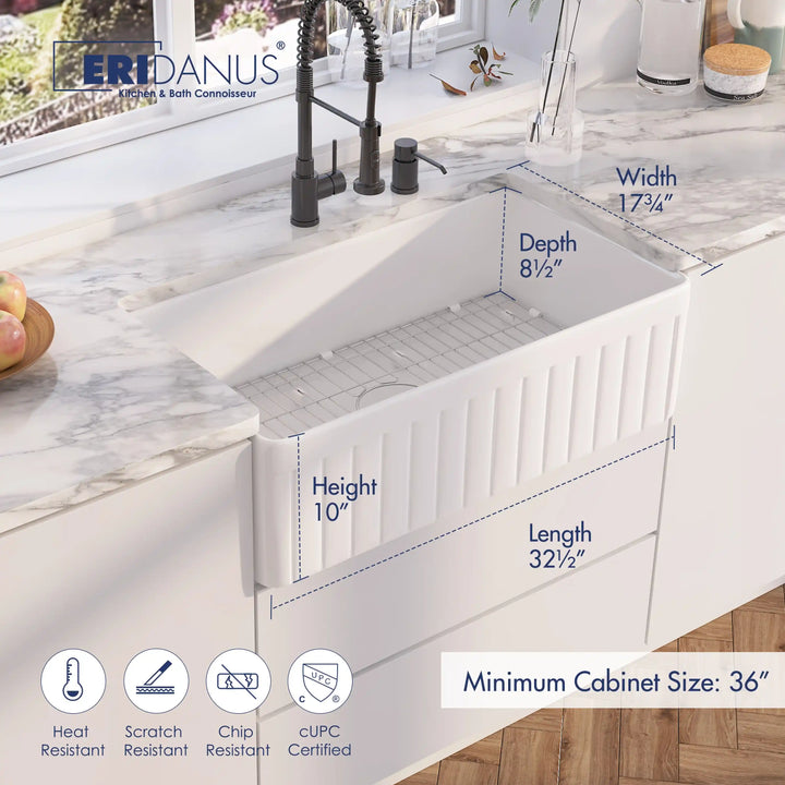 White fireclay fluted single bowl farmhouse sink with dimension labels and functional feature icons