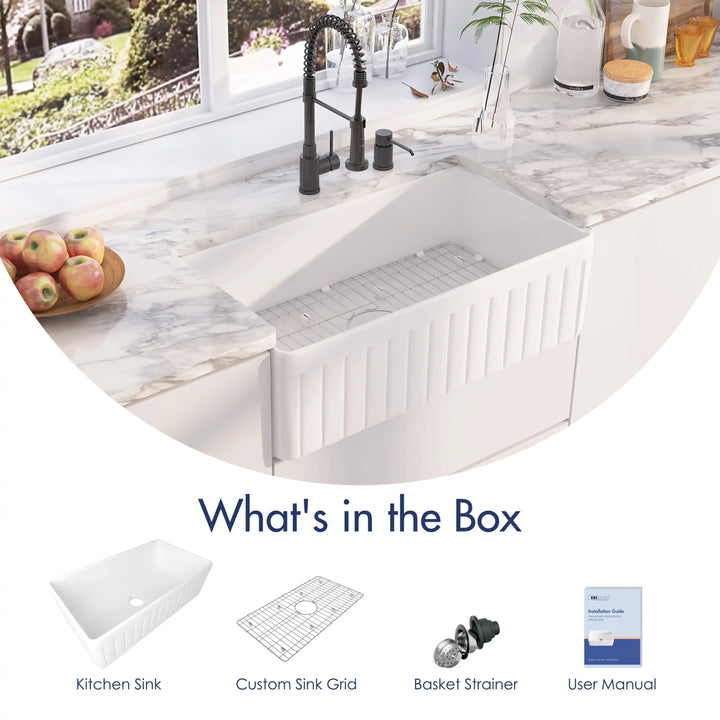 White fluted fireclay farmhouse sink bundle including sink, stainless grid, drain strainer and user manual