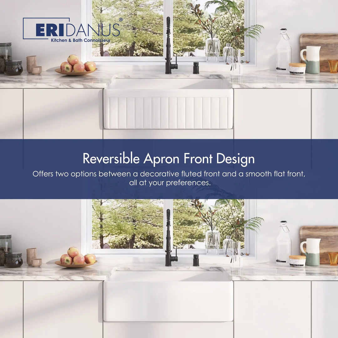 White fireclay reversible farmhouse sink with fluted and smooth two-style apron front