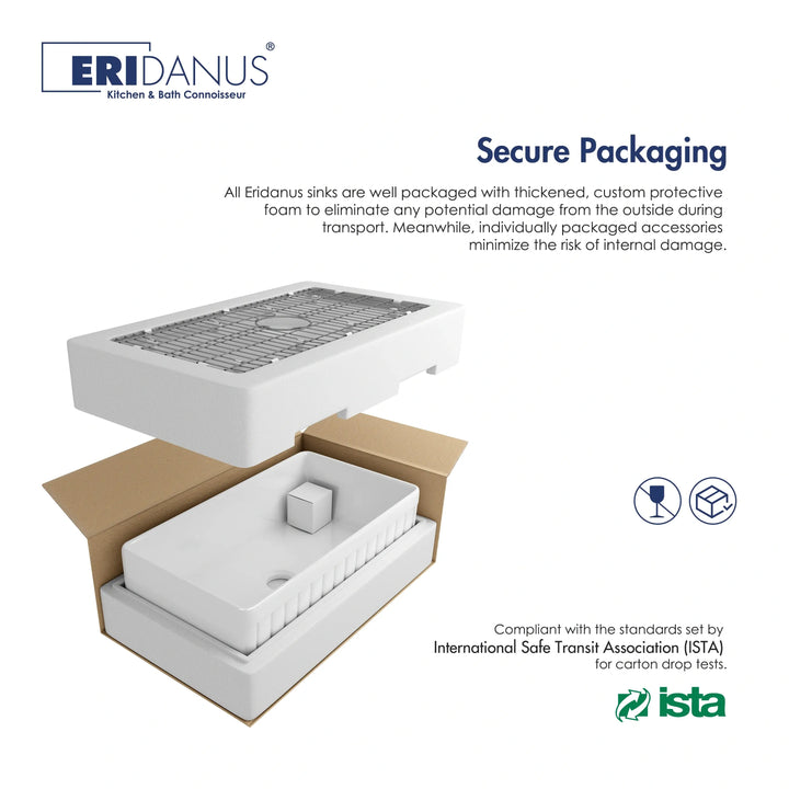 White fireclay farmhouse sink ISTA certified thick foam secure packaging diagram with carton and protective foam