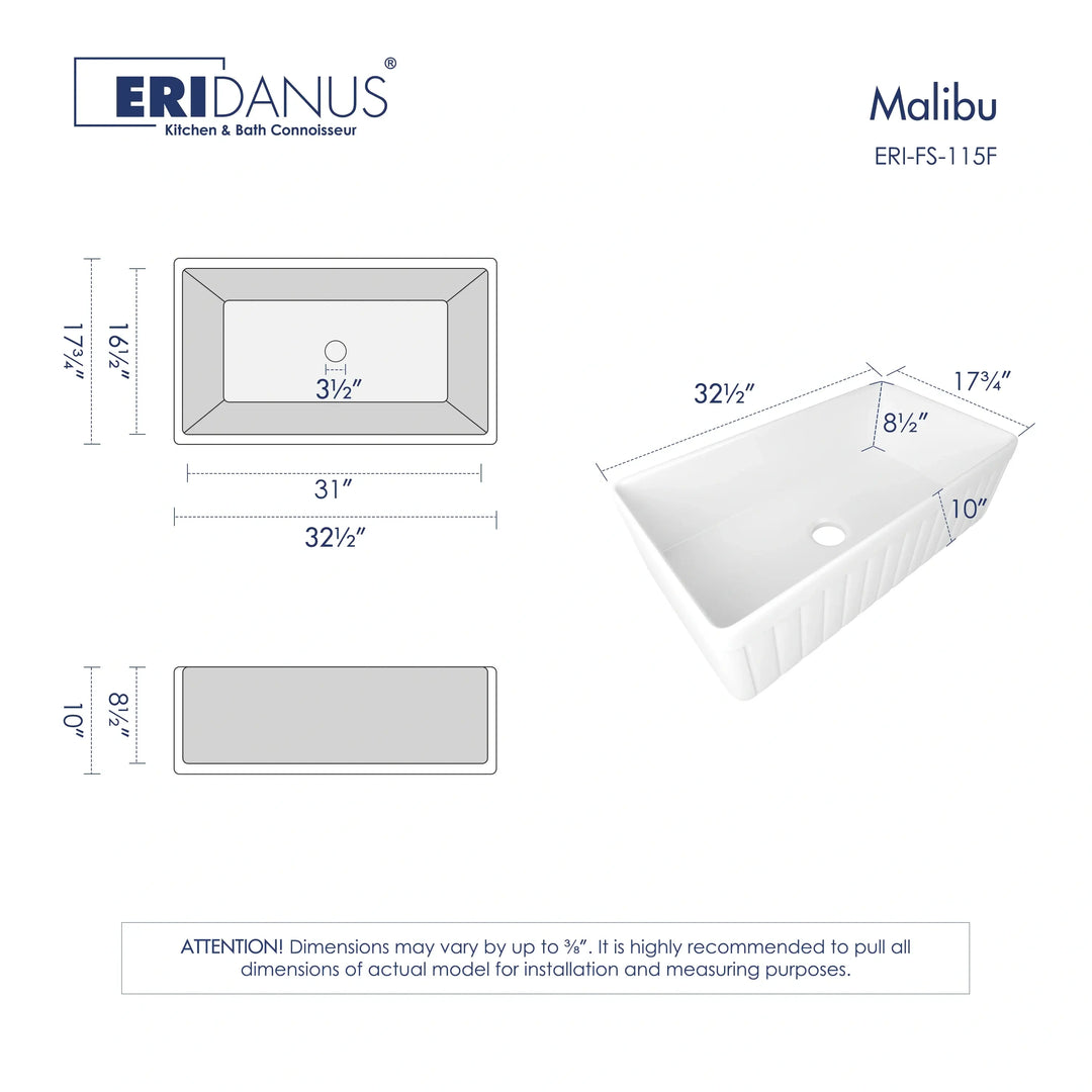 White fluted fireclay farmhouse sink multi-view dimension technical drawing with size specification notes