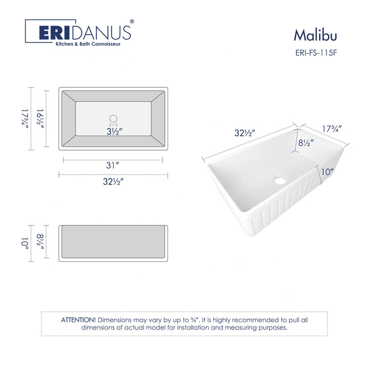 White fluted fireclay farmhouse sink multi-view dimension technical drawing with size specification notes
