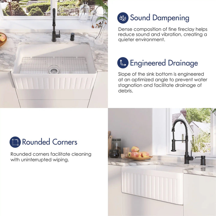 White fireclay fluted farmhouse sink with sound dampening, sloped drainage and rounded corner design