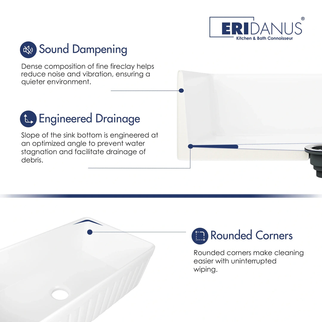 White fireclay farmhouse sink cutaway diagram showing sound dampening, sloped drain and rounded corner features