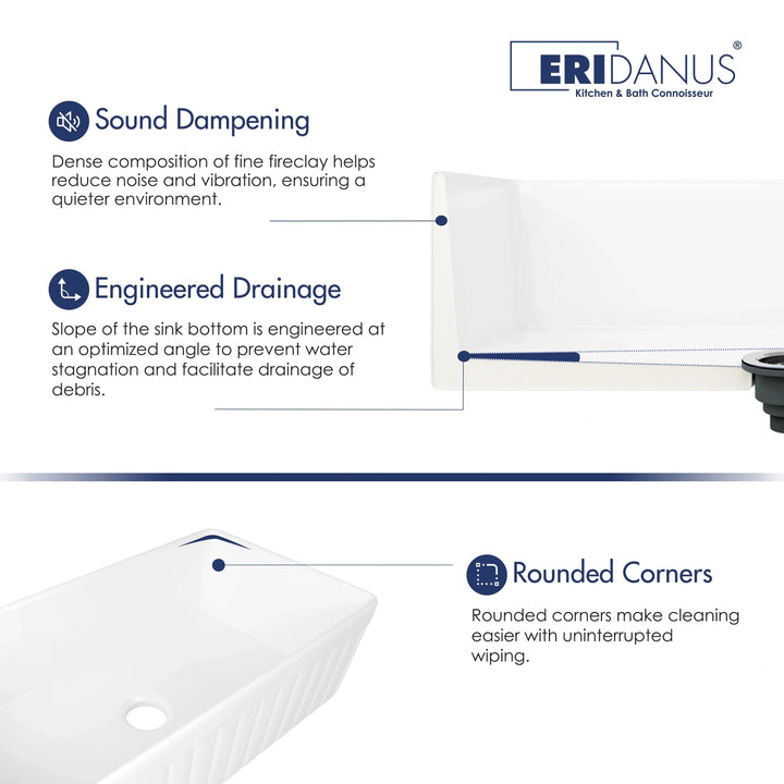 White fireclay farmhouse sink cutaway diagram showing sound dampening, sloped drain and rounded corner features