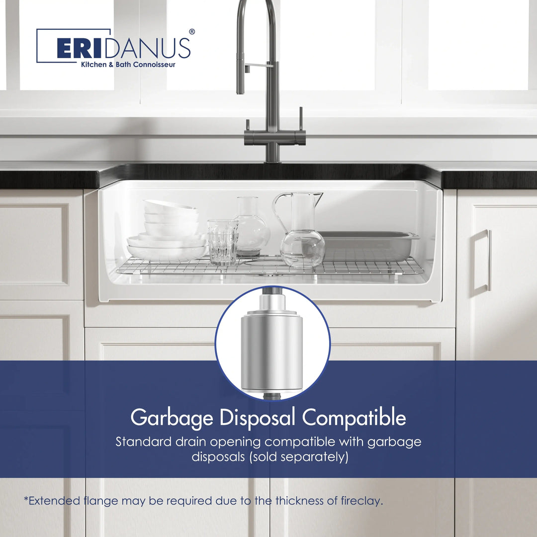 White fireclay farmhouse sink diagram highlighting garbage disposal compatible drain opening