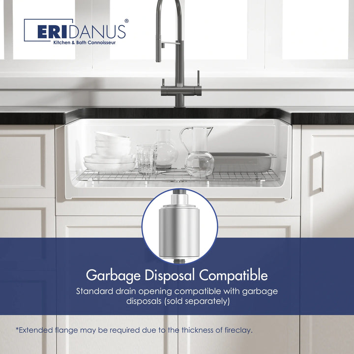White fireclay farmhouse sink diagram highlighting garbage disposal compatible drain opening