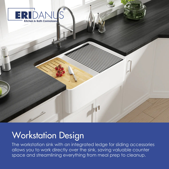 White fireclay workstation farmhouse sink with sliding bamboo board and roll-up drying rack