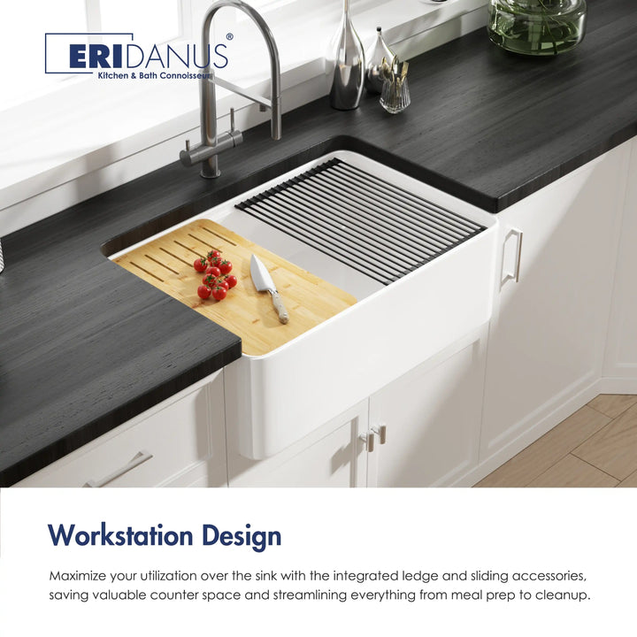 White fireclay workstation farmhouse sink with sliding bamboo board and roll-up dish rack