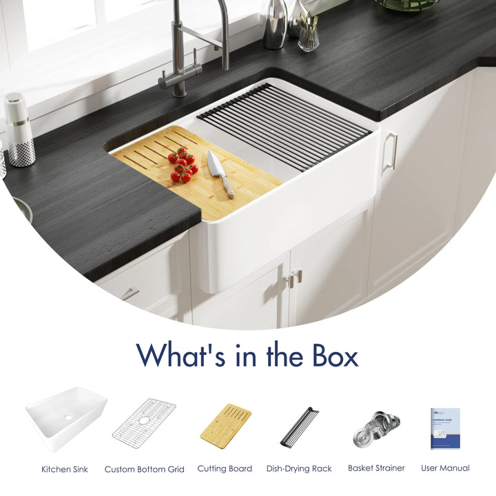 White farmhouse fireclay kitchen sink full accessory kit including grid, bamboo board, drying rack, strainer
