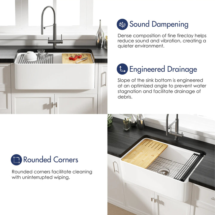 White fireclay workstation farmhouse sink feature collage: sound dampening, sloped drainage, rounded easy-clean corners