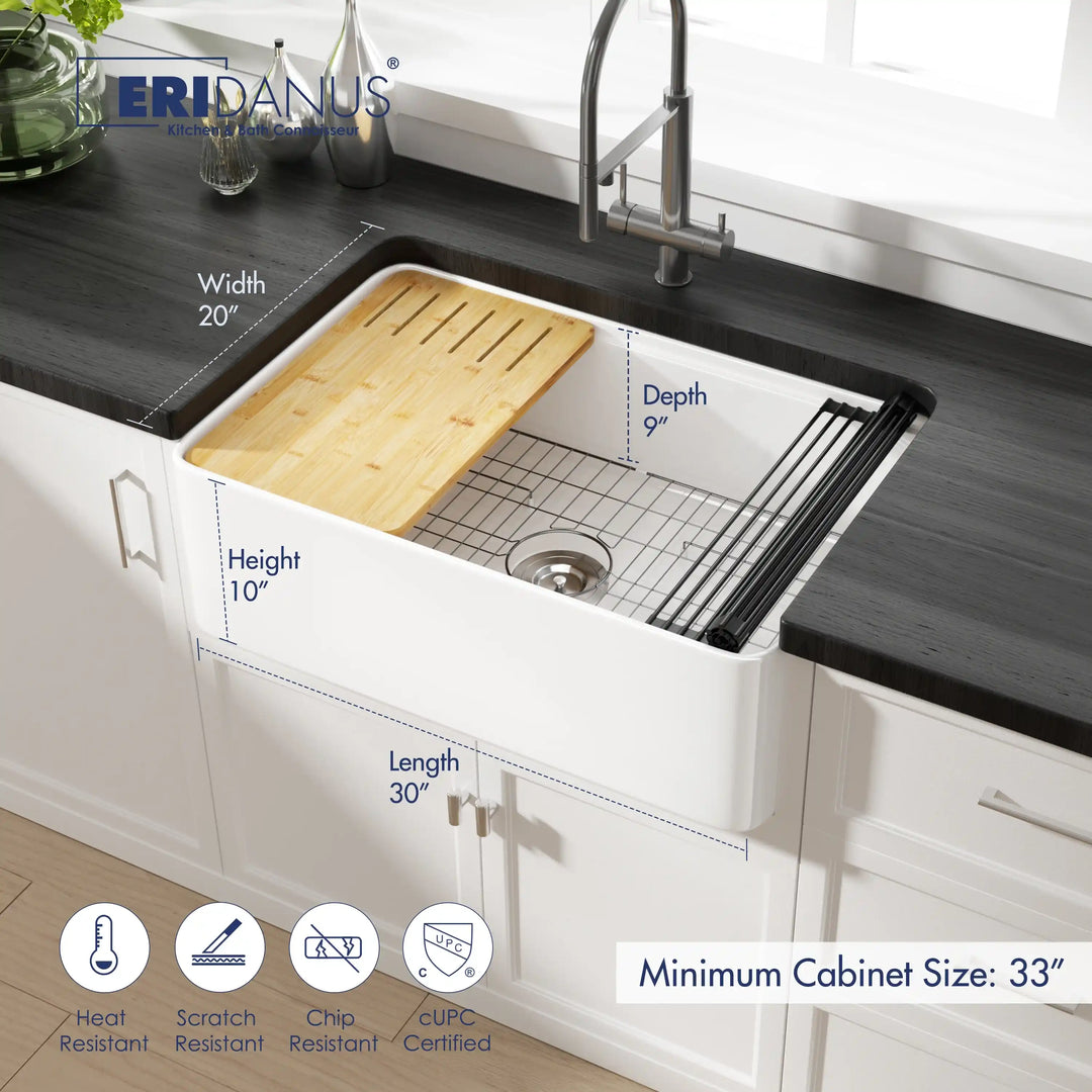 White fireclay workstation farmhouse sink with dimension markings and durable performance icons