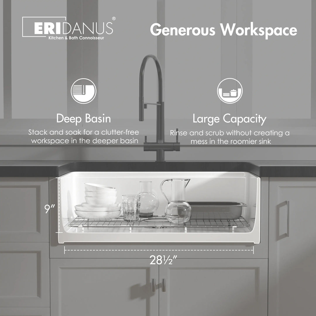 White fireclay farmhouse sink dimension diagram showing deep large-capacity basin with sink grid