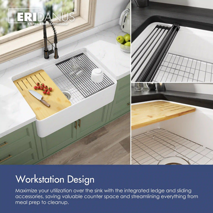Yorkshire 33" Workstation Apron Fireclay Farmhouse Kitchen Sink in White with Accessories