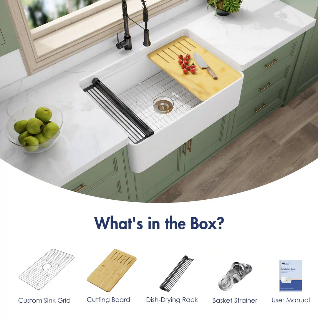 Yorkshire 33" Workstation Apron Fireclay Farmhouse Kitchen Sink in White with Accessories