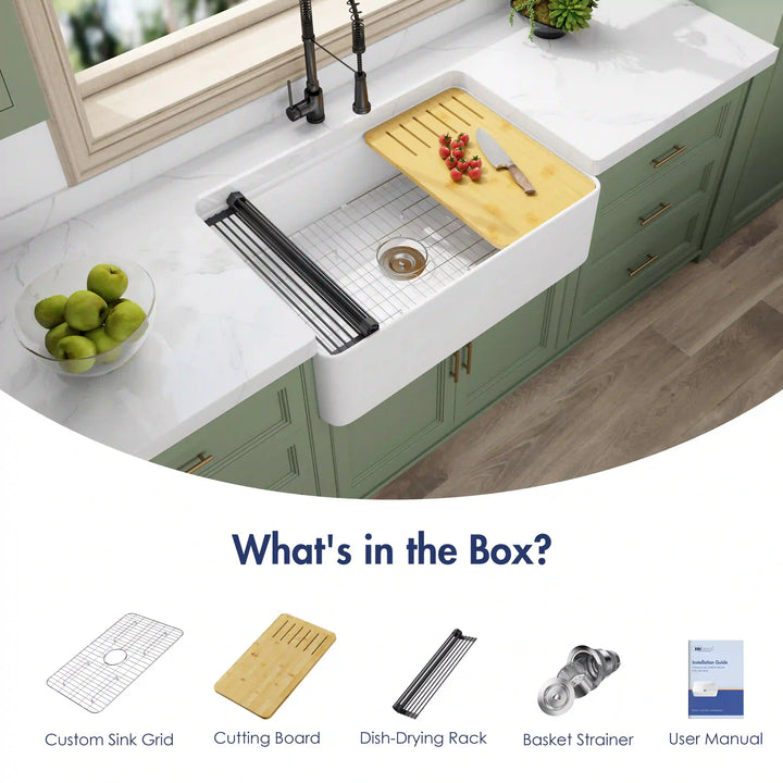 Yorkshire 33" Workstation Apron Fireclay Farmhouse Kitchen Sink in White with Accessories