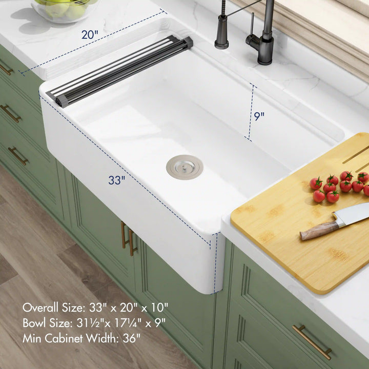 Yorkshire 33" Workstation Apron Fireclay Farmhouse Kitchen Sink in White with Accessories