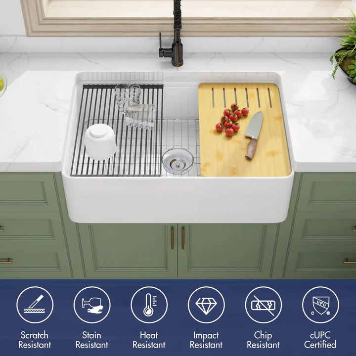 Yorkshire 33" Workstation Apron Fireclay Farmhouse Kitchen Sink in White with Accessories