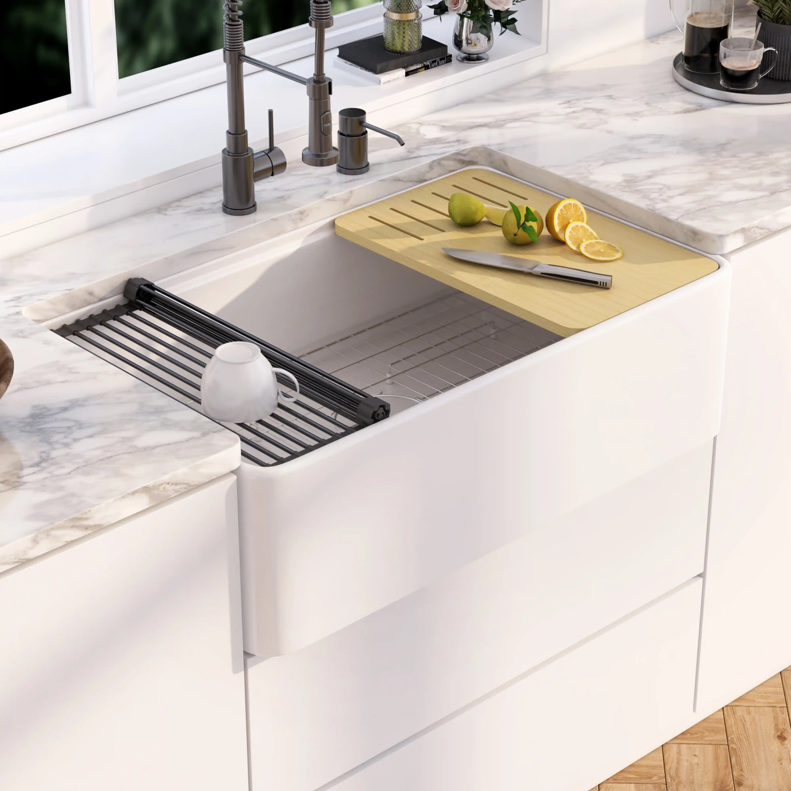 White fireclay apron-front workstation sink with cutting board and rack.