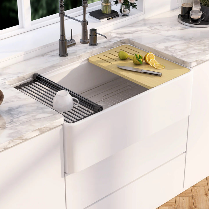 Yorkshire 33" Workstation Apron Fireclay Farmhouse Kitchen Sink in White with Accessories