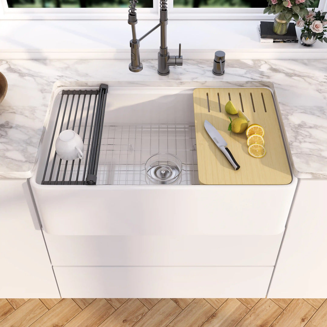 Yorkshire 33" Workstation Apron Fireclay Farmhouse Kitchen Sink in White with Accessories