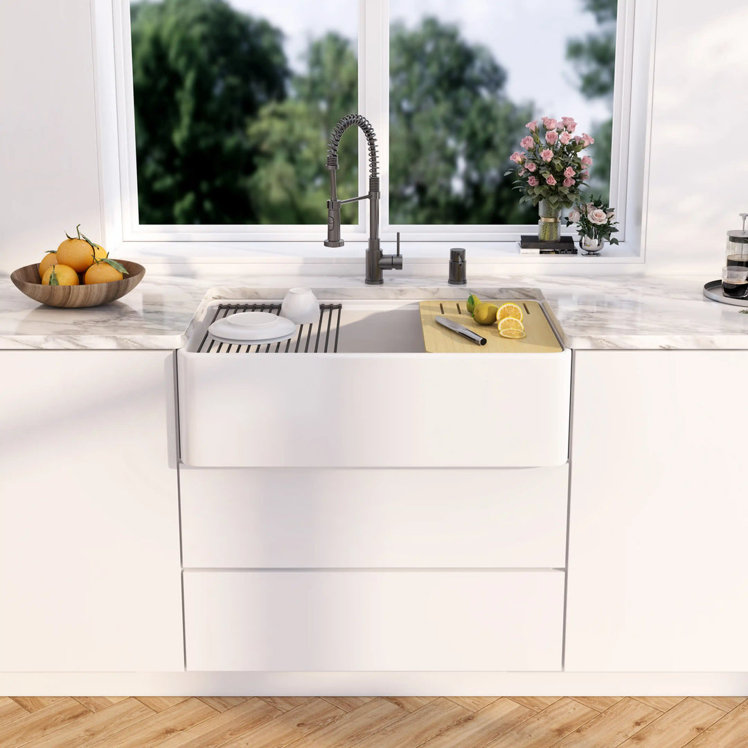 Yorkshire 33" Workstation Apron Fireclay Farmhouse Kitchen Sink in White with Accessories