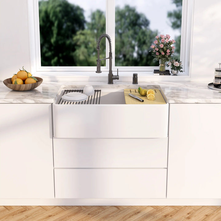 Yorkshire 33" Workstation Apron Fireclay Farmhouse Kitchen Sink in White with Accessories