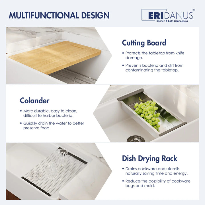 White workstation sink with multifunctional accessories
