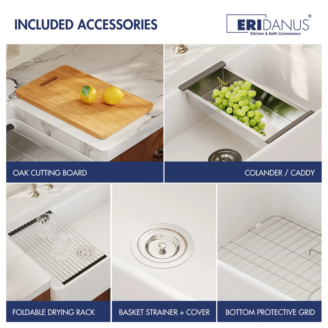 White farmhouse workstation sink: 5 included accessories