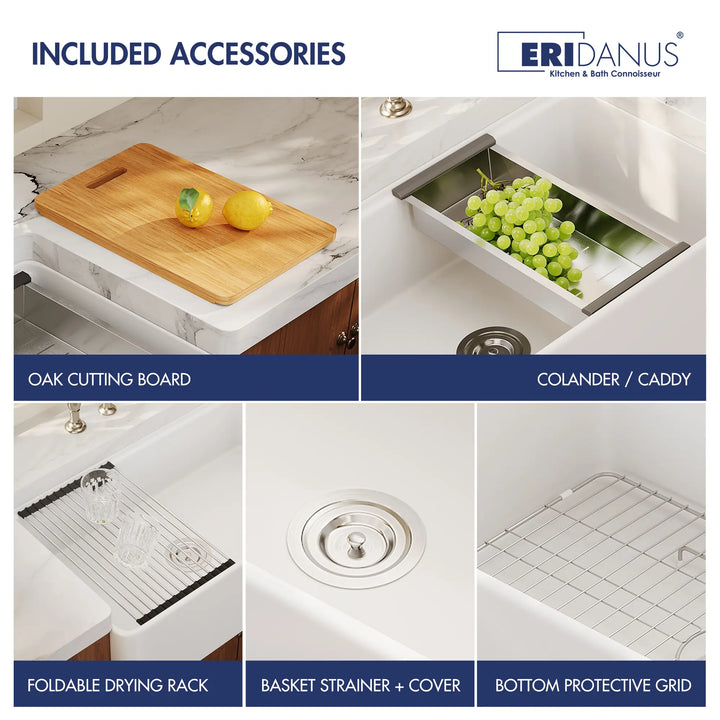 White farmhouse workstation sink: 5 included accessories