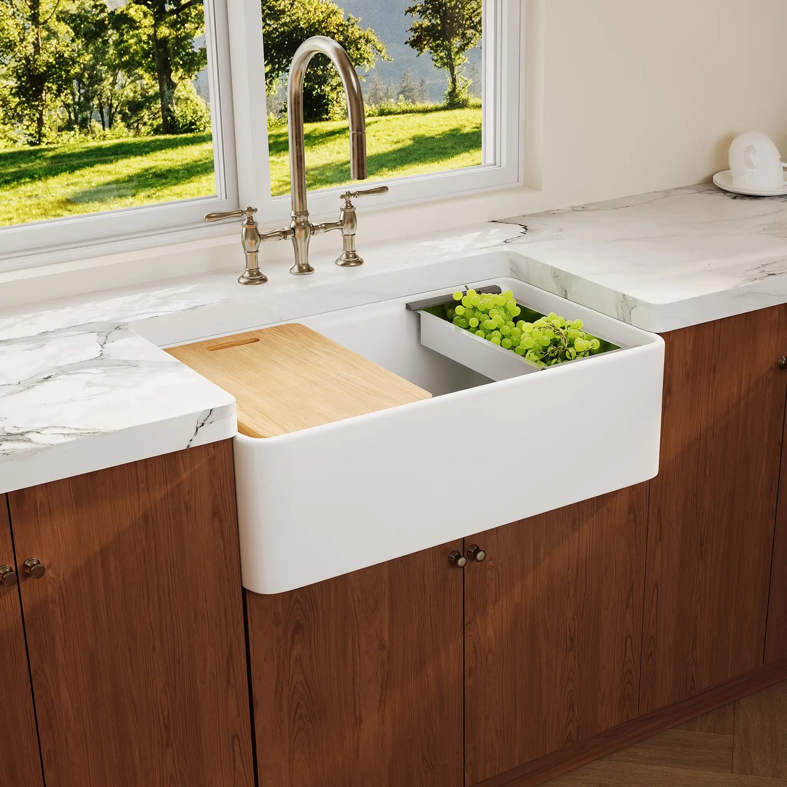 White farmhouse workstation sink with wood cutting board