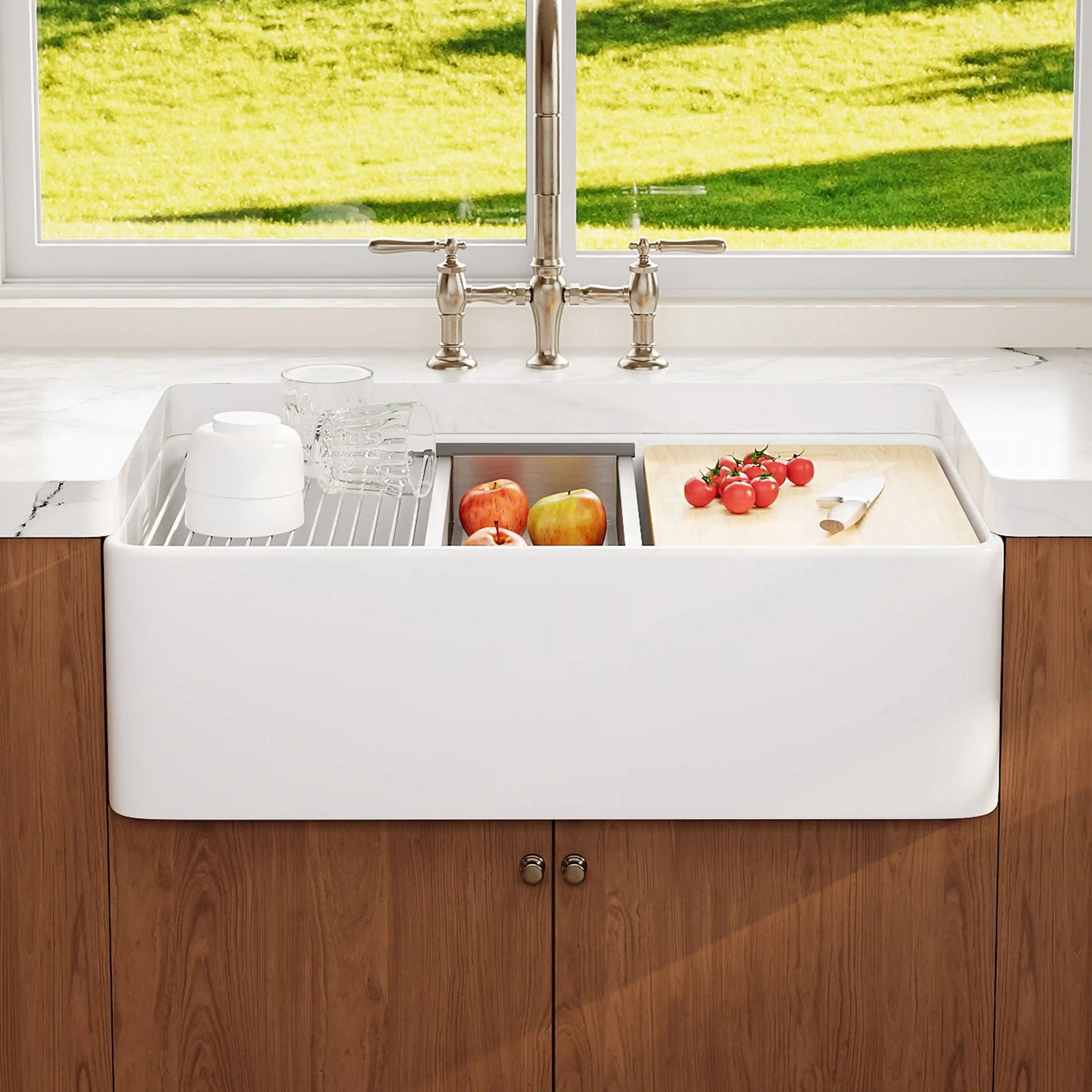 White farmhouse workstation sink with wood cutting board