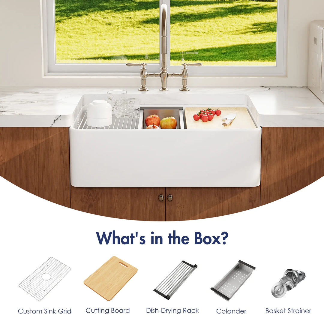 White farmhouse workstation sink with 5-piece accessory set