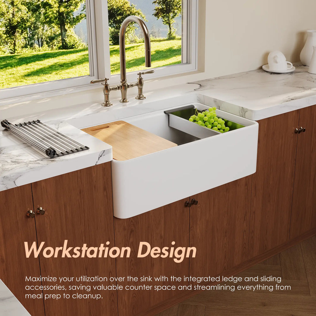 Workstation Design white farmhouse sink with accessories