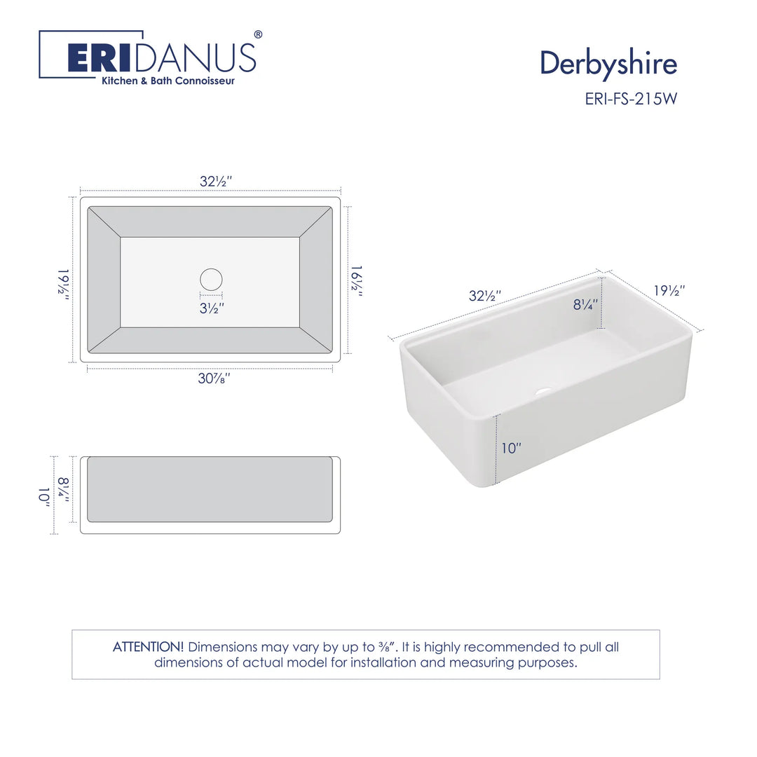 32.5-inch white farmhouse sink dimensions and technical drawing