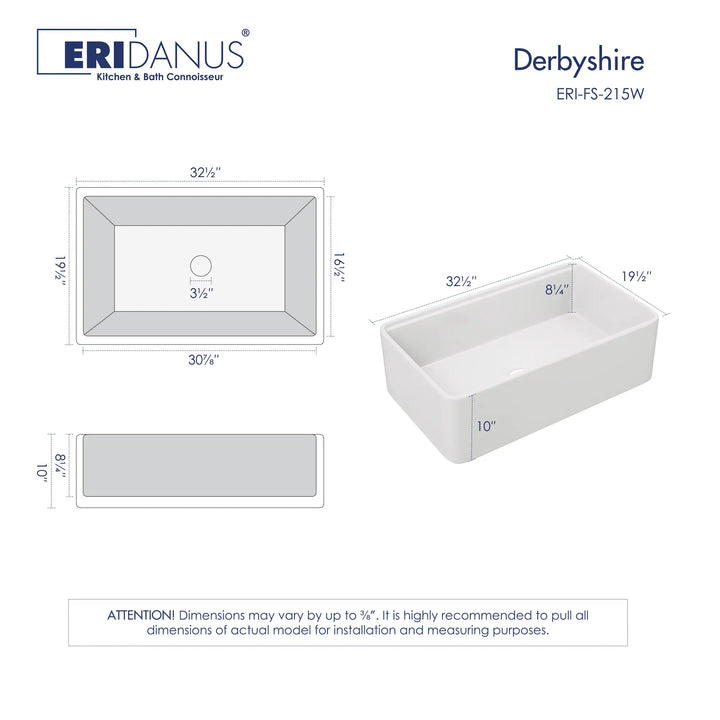 32.5-inch white farmhouse sink dimensions and technical drawing