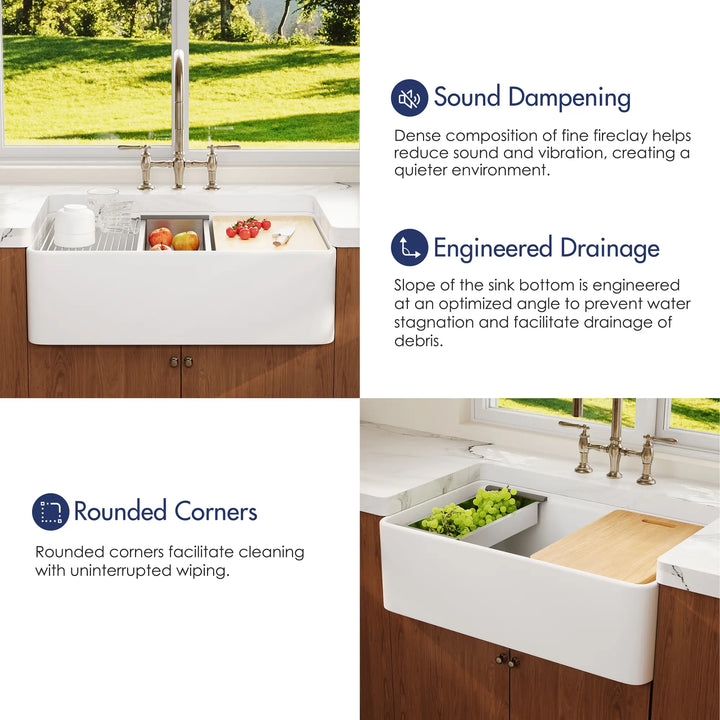 White fireclay sink: sound dampening, drainage, and corners