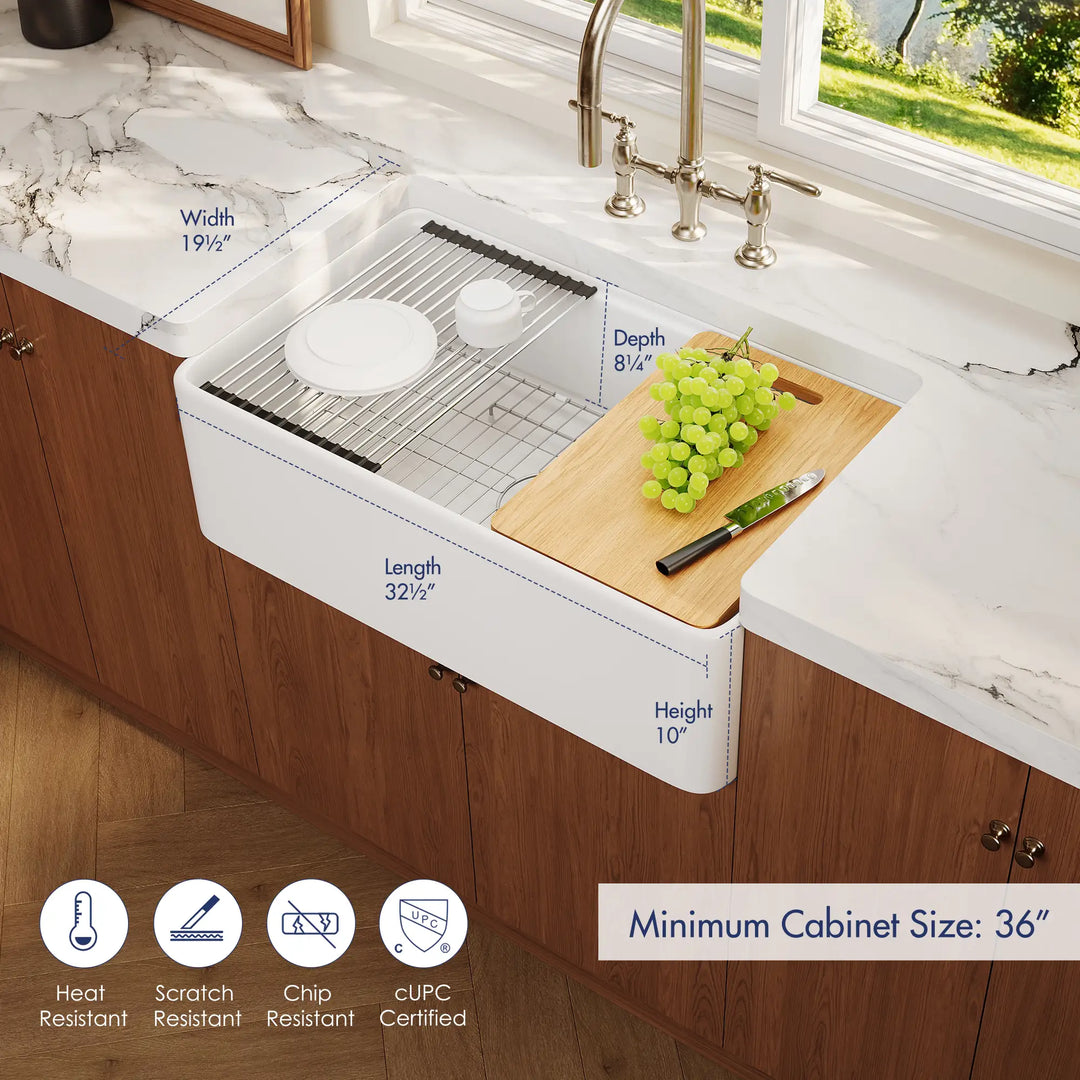 32.5" white farmhouse workstation sink dimensions and features
