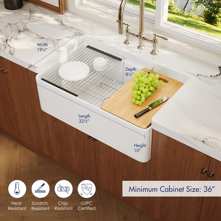 32.5" white farmhouse workstation sink dimensions and features