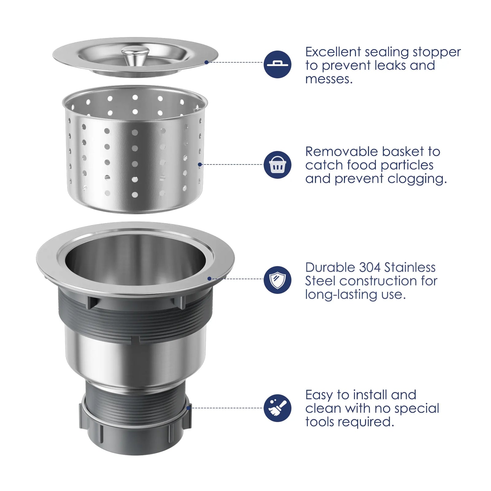 304 stainless steel sink drain strainer with stopper and removable basket