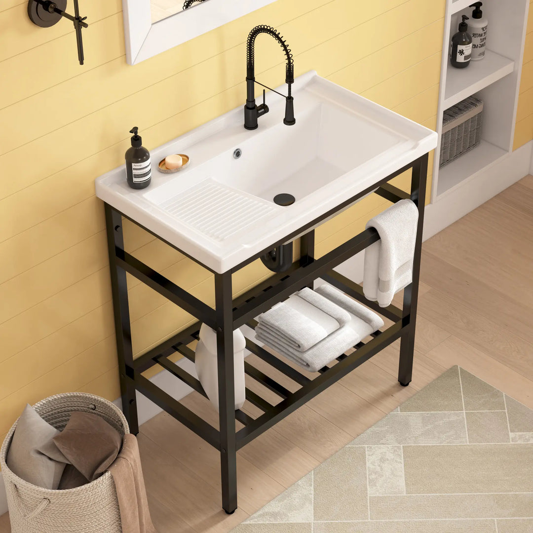 White ceramic sink with washboard and black console stand
