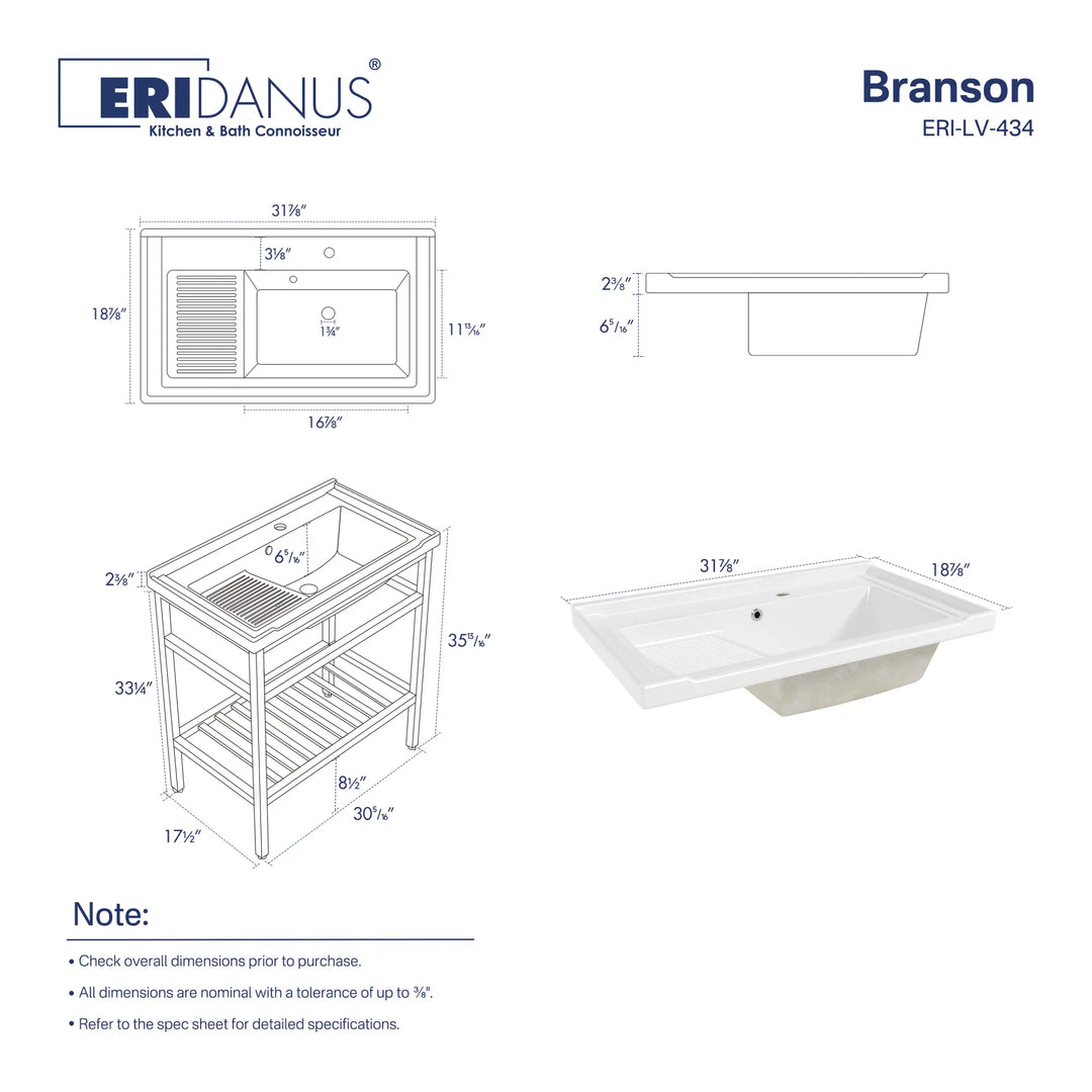 32-inch white laundry sink with washboard dimension chart