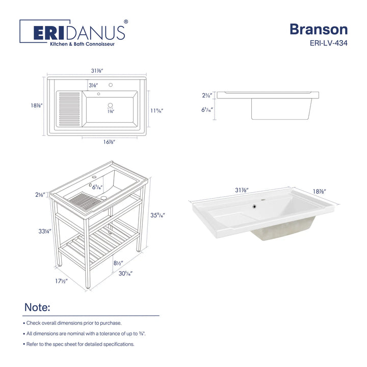 32-inch white laundry sink with washboard dimension chart