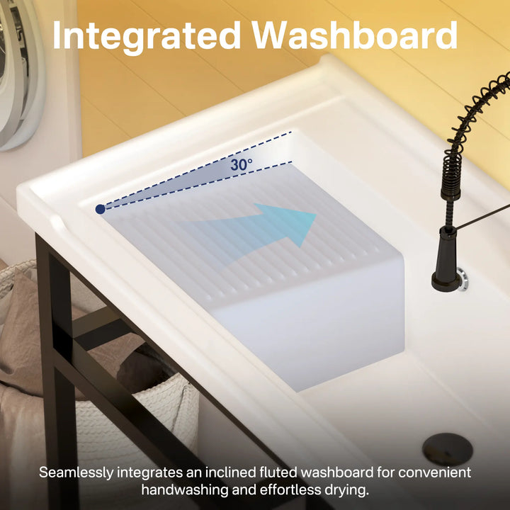 White ceramic laundry sink with integrated fluted washboard