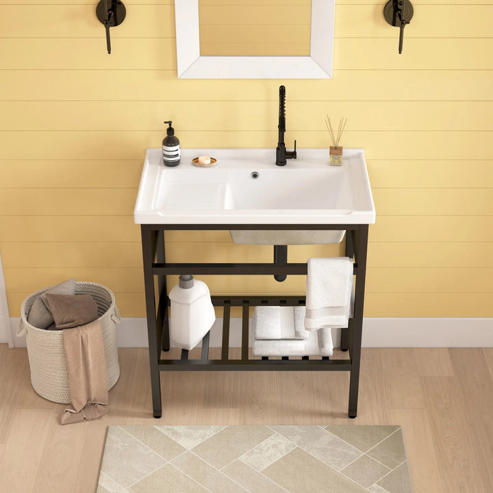 White farmhouse sink with black stand and storage shelf