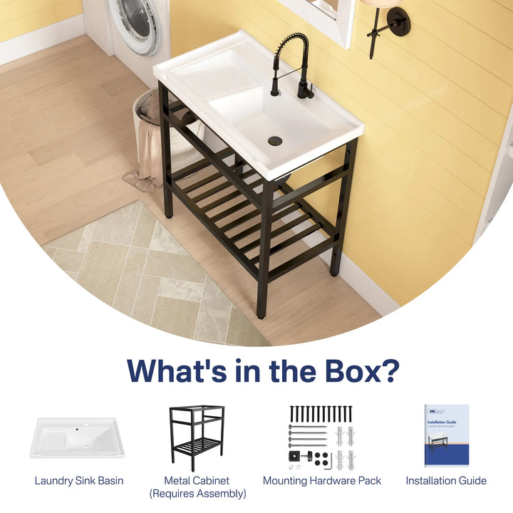 White laundry sink with washboard, black stand and hardware